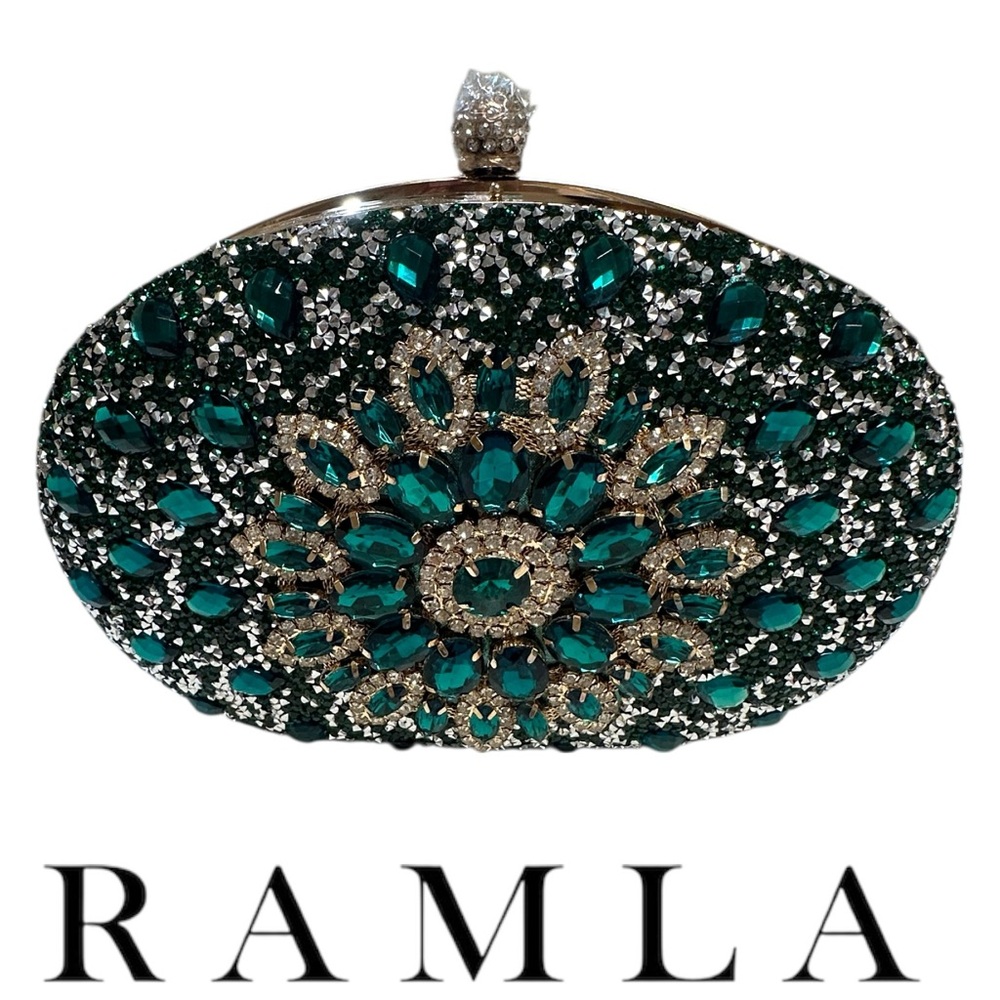 New In Box Ramla Emerald Green Beaded & Crystal Clutch